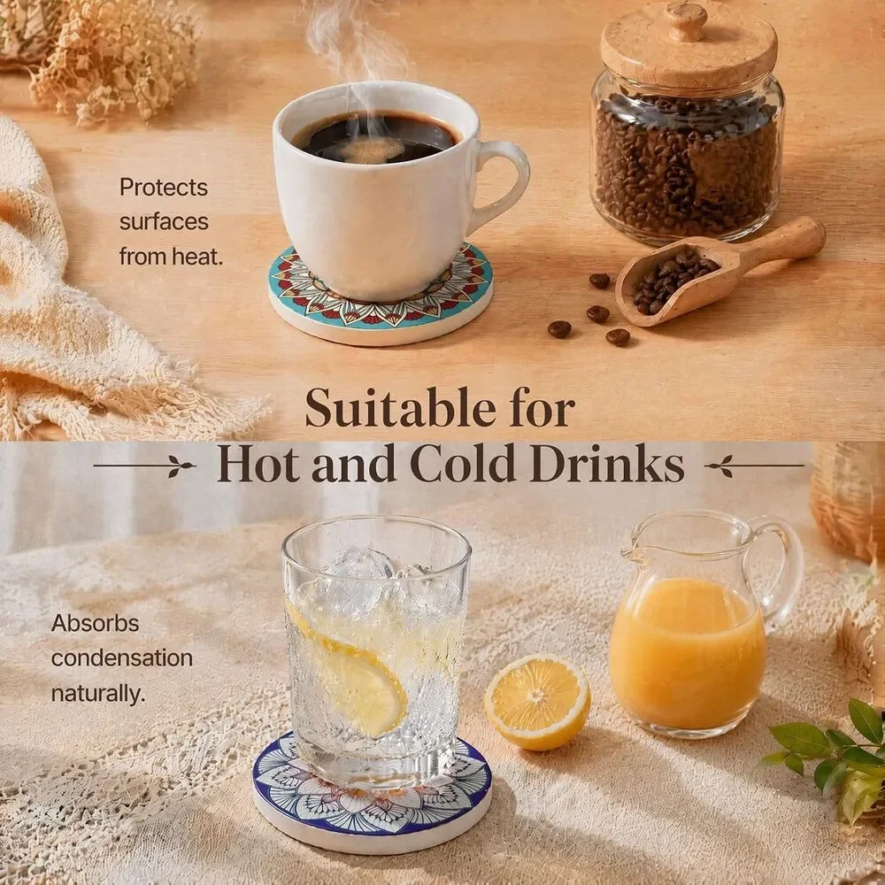 Ceramic Drink Coasters Set of 6 Absorbent Mandala Cork Holder Table Protector